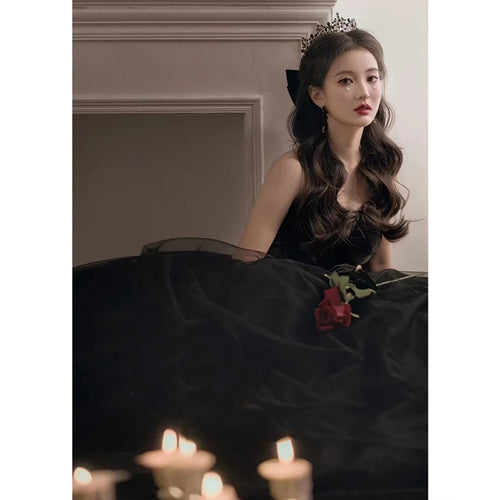 Vestido de noche negro se puede usar anfitriona de cumpleaños lujo ligero nicho escote palabra de honor largo