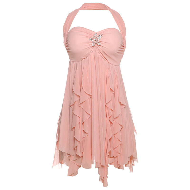 Vestido halter sin espalda, sexy, estampado, de malla irregular, corto, para fiesta de noche, club, ropa de mujer