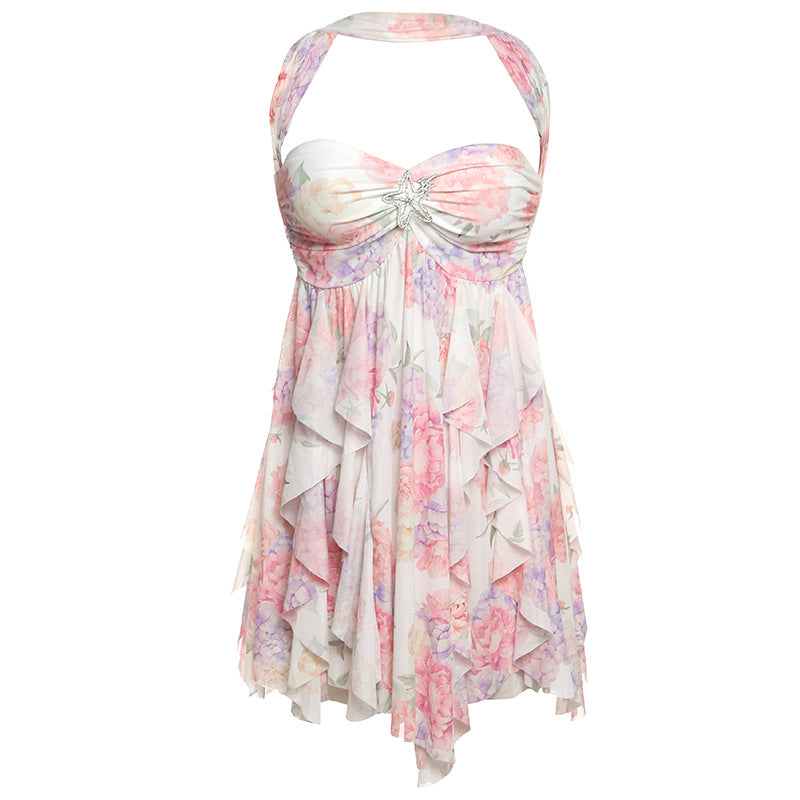 Vestido halter sin espalda, sexy, estampado, de malla irregular, corto, para fiesta de noche, club, ropa de mujer