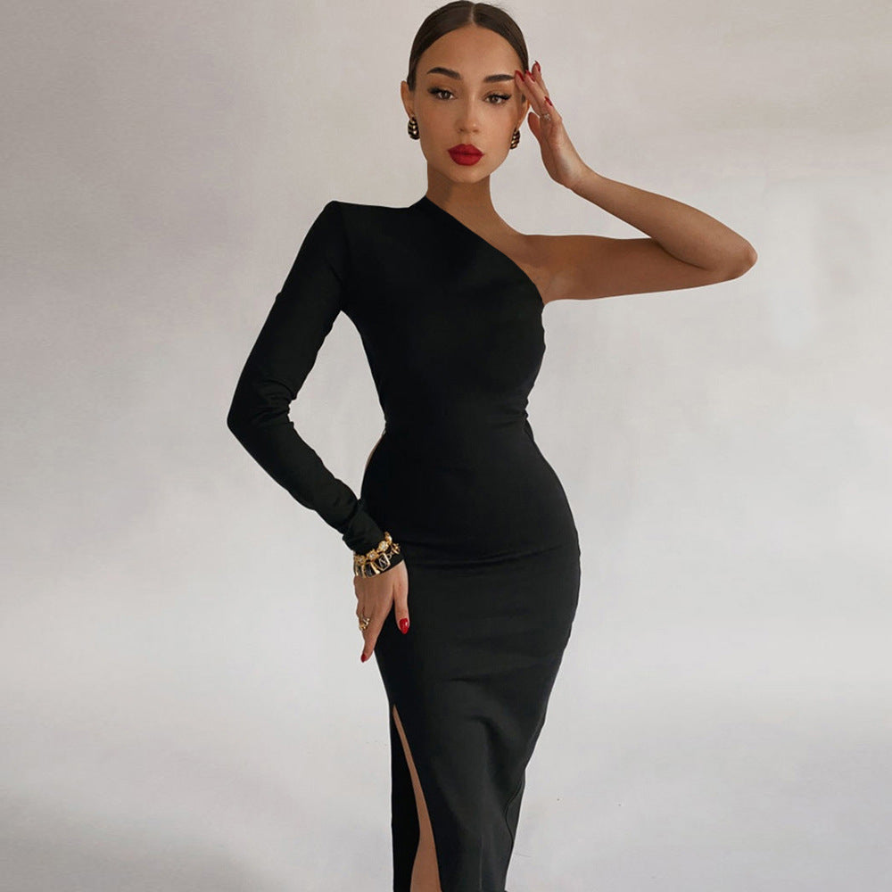 Women's Spring Shoulder One-side Split Sleeve Temperament Commute Slim Dress