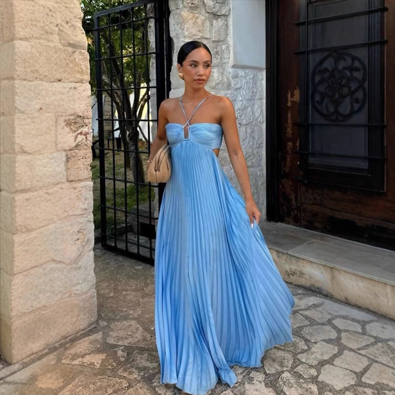 Vestido halter sin mangas plisado, ahuecado, de cintura alta, para fiesta de noche, ropa de club para mujer