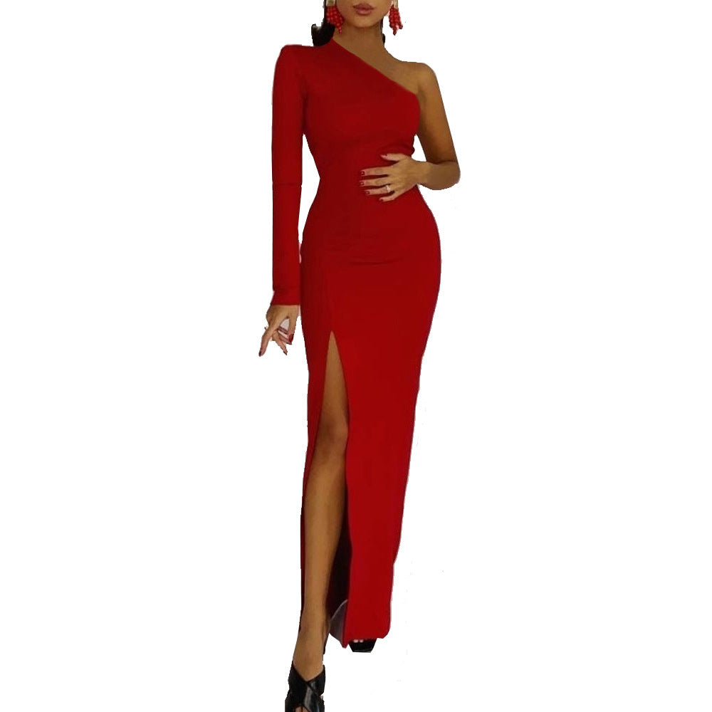 Women's Spring Shoulder One-side Split Sleeve Temperament Commute Slim Dress