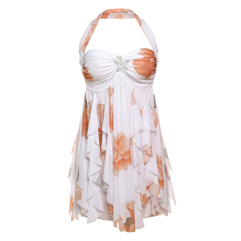 Vestido halter sin espalda, sexy, estampado, de malla irregular, corto, para fiesta de noche, club, ropa de mujer