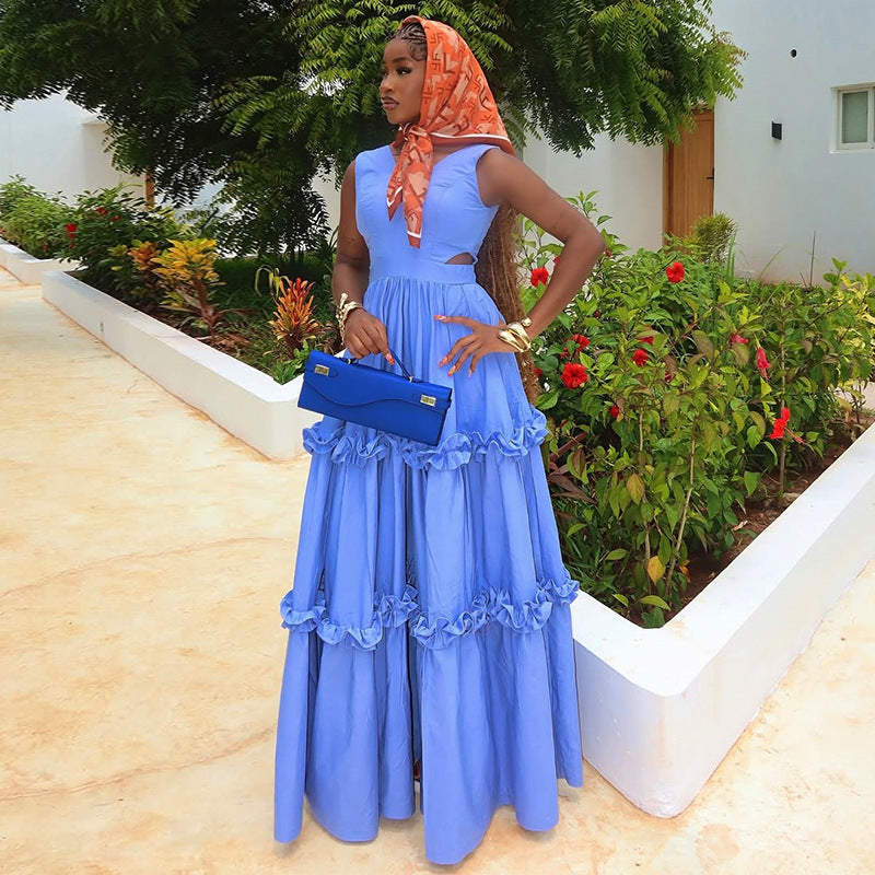 Summer New Sweet  V-neck Hollow High Waist Slimming A- Line Dress