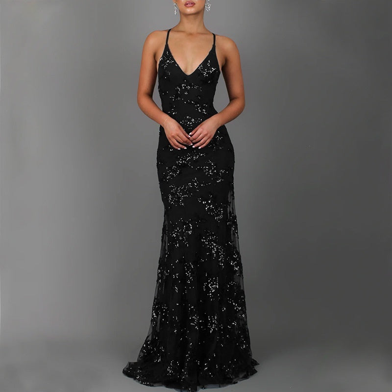 Vestido con cuello en V, tirantes, sin espalda, de lentejuelas, vestidos largos de noche, cintura alta, para baile, boda, graduación, dama de honor, maxi