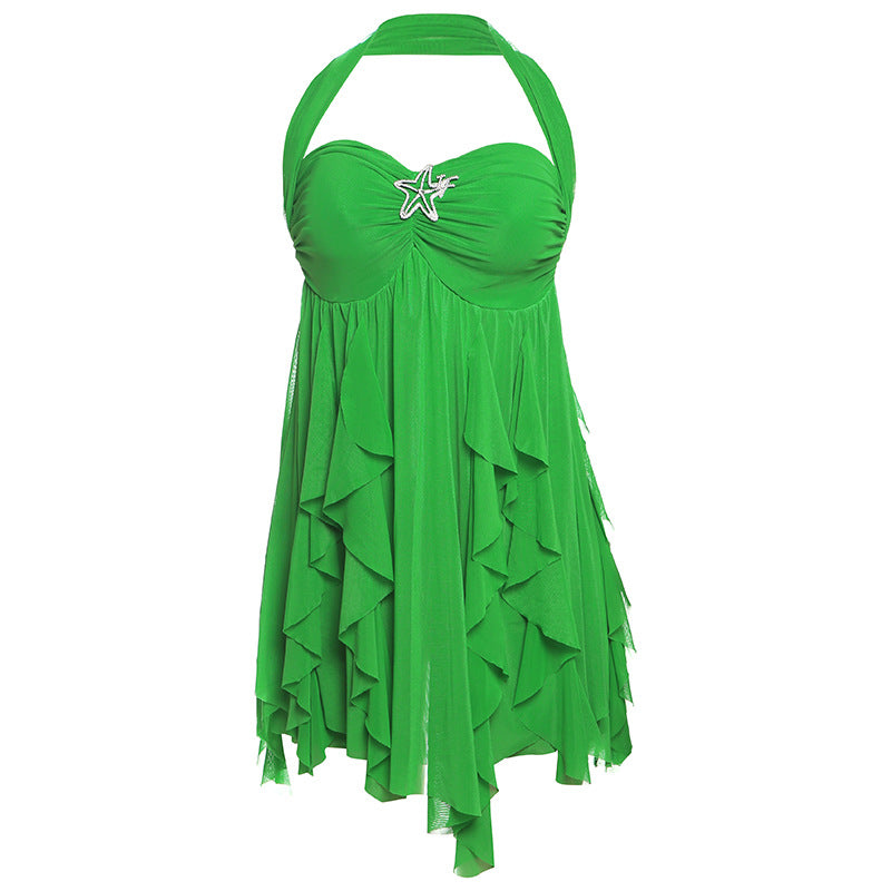 Vestido halter sin espalda, sexy, estampado, de malla irregular, corto, para fiesta de noche, club, ropa de mujer
