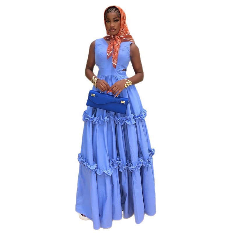 Summer New Sweet  V-neck Hollow High Waist Slimming A- Line Dress
