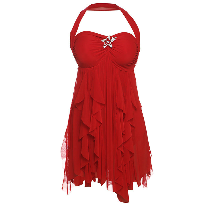 Vestido halter sin espalda, sexy, estampado, de malla irregular, corto, para fiesta de noche, club, ropa de mujer