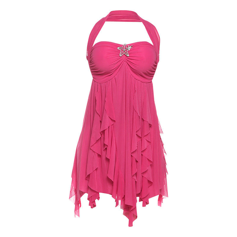 Vestido halter sin espalda, sexy, estampado, de malla irregular, corto, para fiesta de noche, club, ropa de mujer