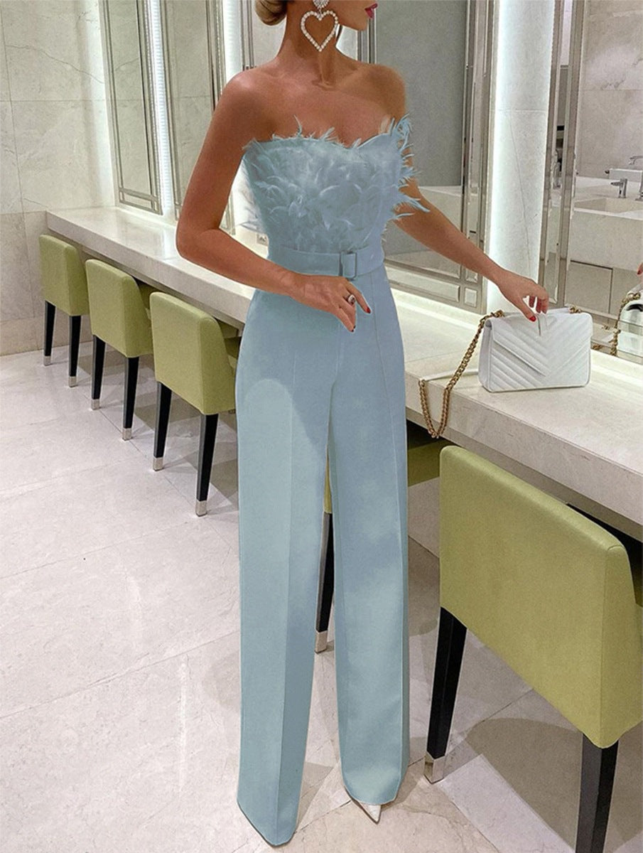New European And American Feather Tube Top Fashion Jumpsuit