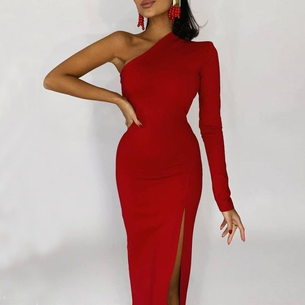 Women's Spring Shoulder One-side Split Sleeve Temperament Commute Slim Dress