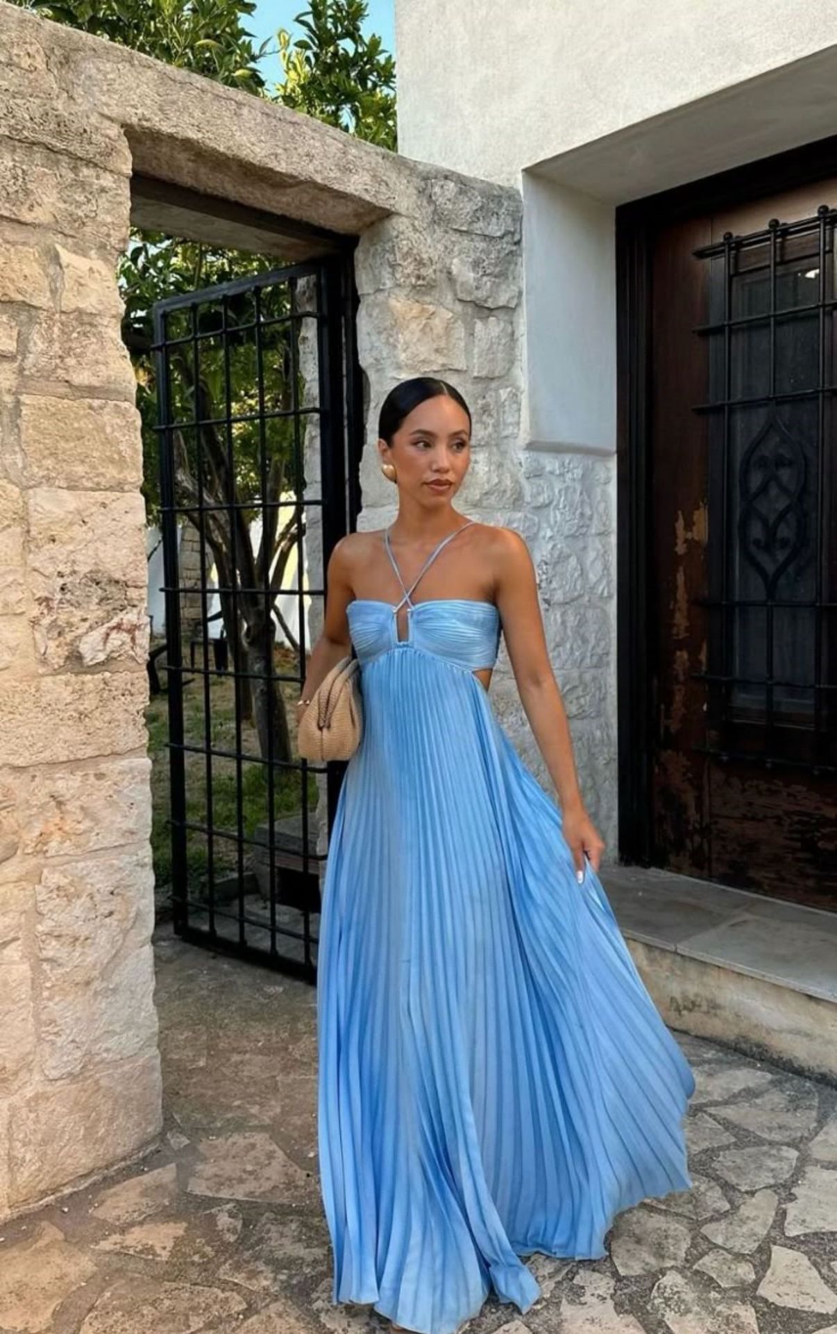 Vestido halter sin mangas plisado, ahuecado, de cintura alta, para fiesta de noche, ropa de club para mujer