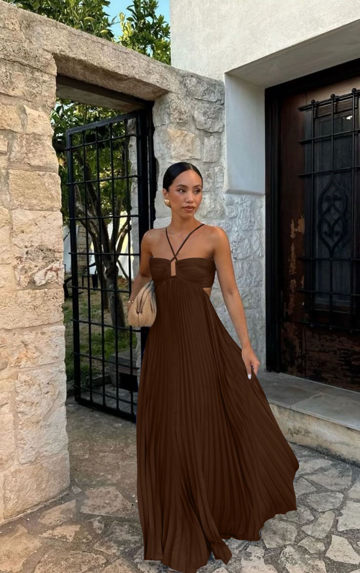 Vestido halter sin mangas plisado, ahuecado, de cintura alta, para fiesta de noche, ropa de club para mujer
