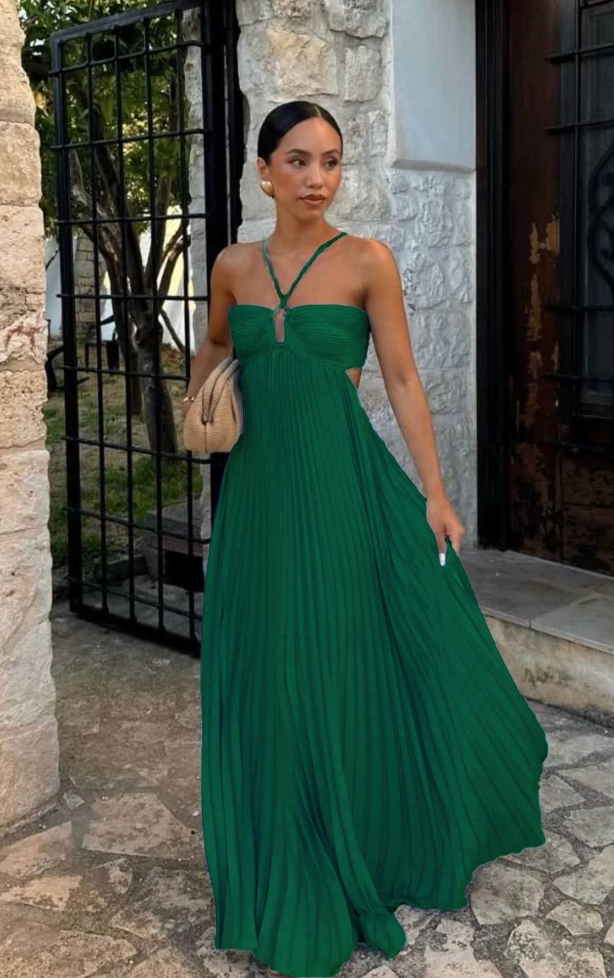 Vestido halter sin mangas plisado, ahuecado, de cintura alta, para fiesta de noche, ropa de club para mujer