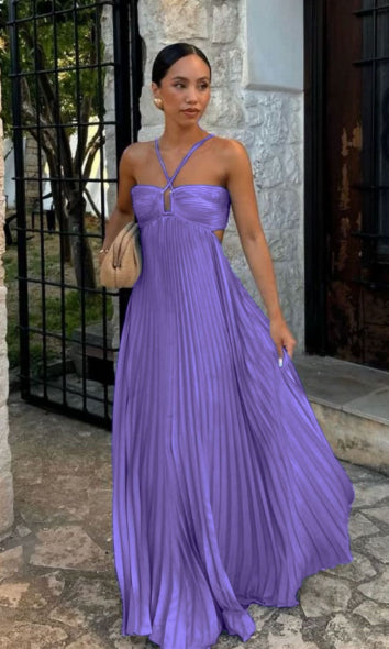 Vestido halter sin mangas plisado, ahuecado, de cintura alta, para fiesta de noche, ropa de club para mujer