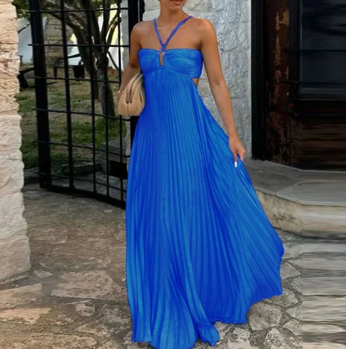 Vestido halter sin mangas plisado, ahuecado, de cintura alta, para fiesta de noche, ropa de club para mujer
