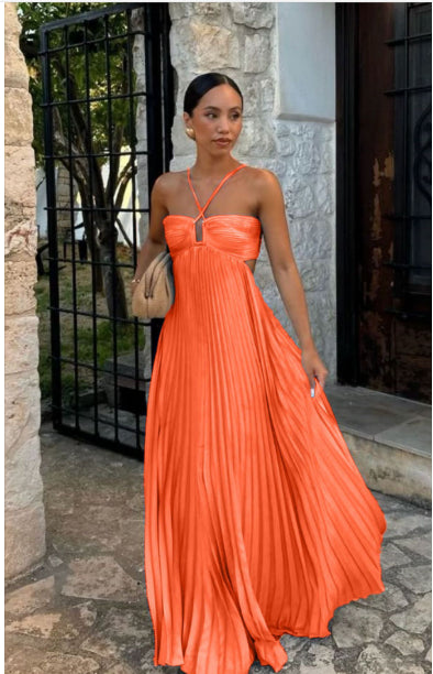 Vestido halter sin mangas plisado, ahuecado, de cintura alta, para fiesta de noche, ropa de club para mujer