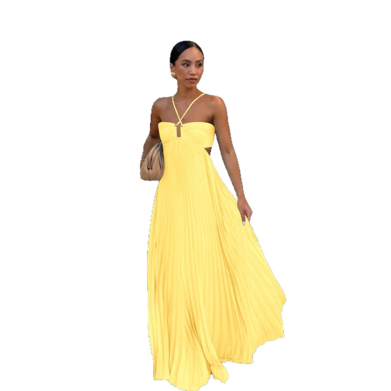 Vestido halter sin mangas plisado, ahuecado, de cintura alta, para fiesta de noche, ropa de club para mujer