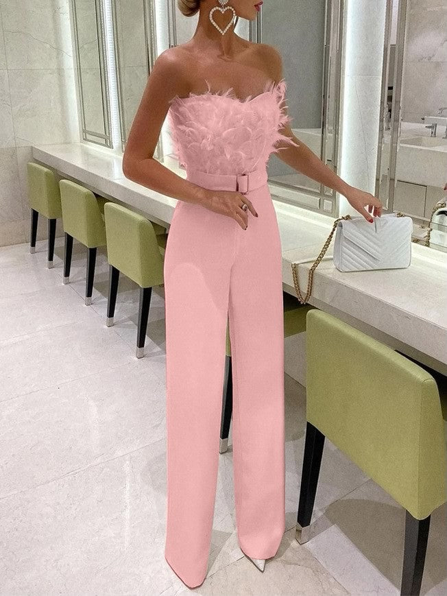 New European And American Feather Tube Top Fashion Jumpsuit