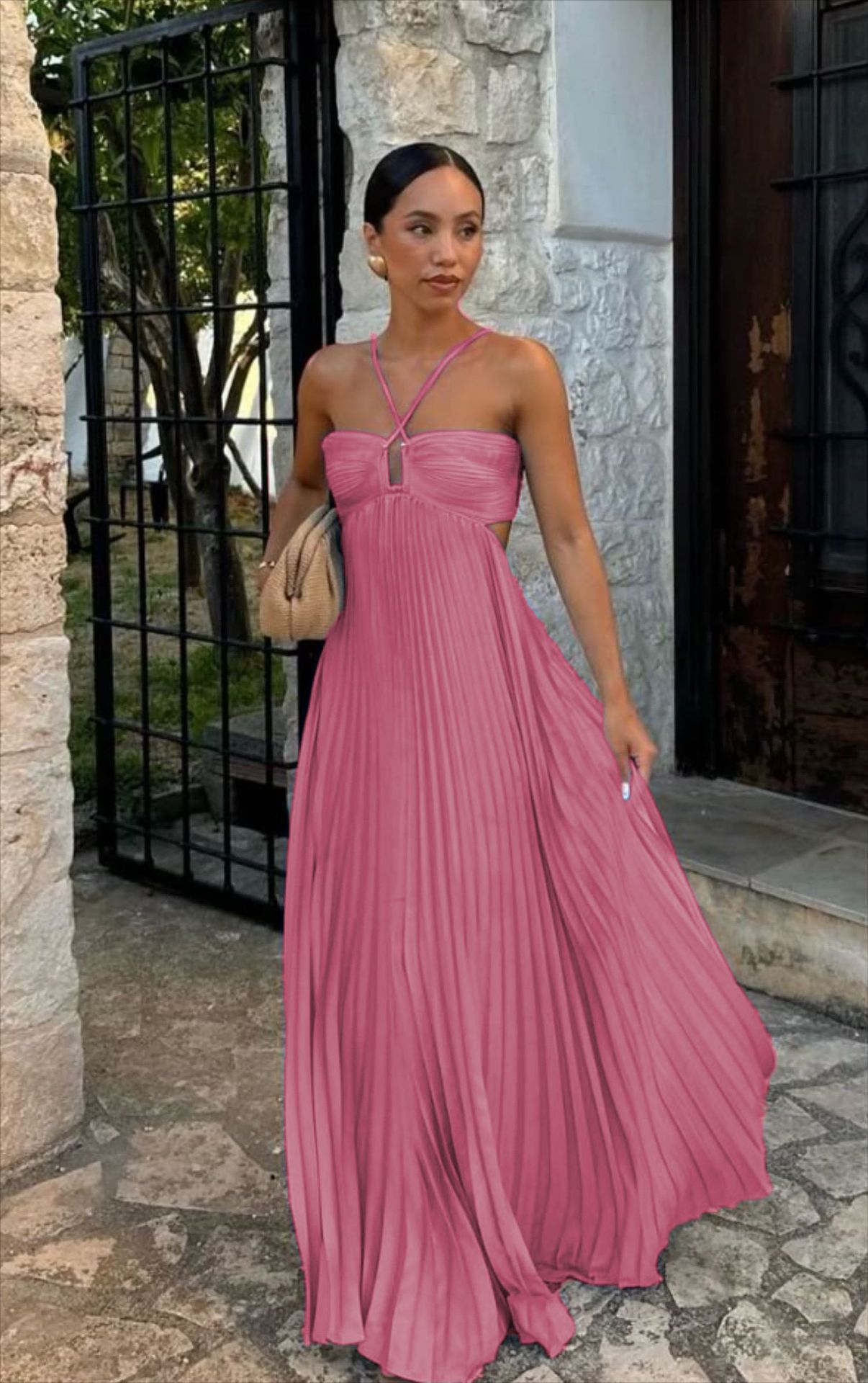 Vestido halter sin mangas plisado, ahuecado, de cintura alta, para fiesta de noche, ropa de club para mujer